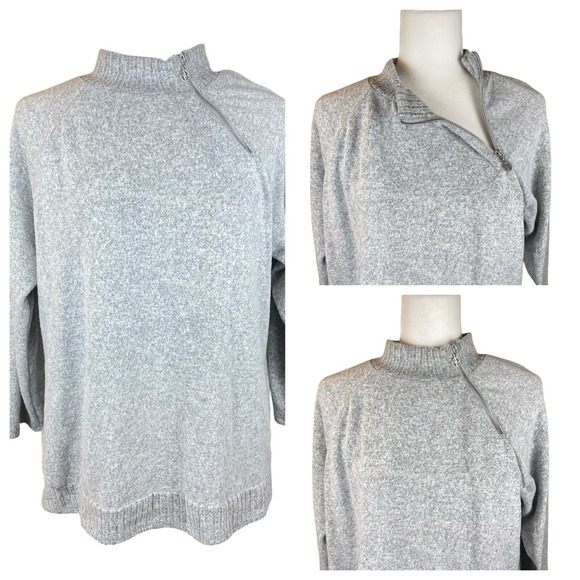 Adrienne Vittadini Sweaters - Adrienne Vittadini Sweater XL Mock Neck Light Gray 3/4 Sleeve Asymeterical Zip